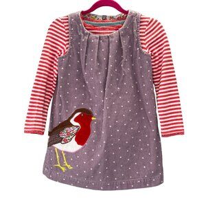 Mini Boden Pinnie Corduroy Jumper Dress Shirt Set size 3-4 Y Purple Robin Bird